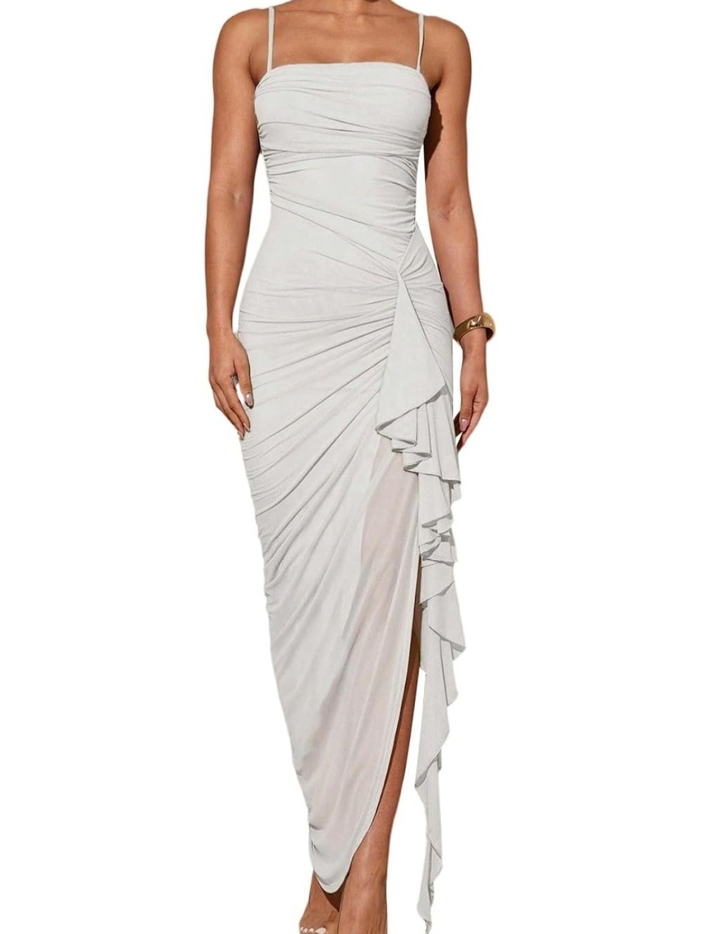 One-Shoulder Ruffled Ruched Maxi Dress in White